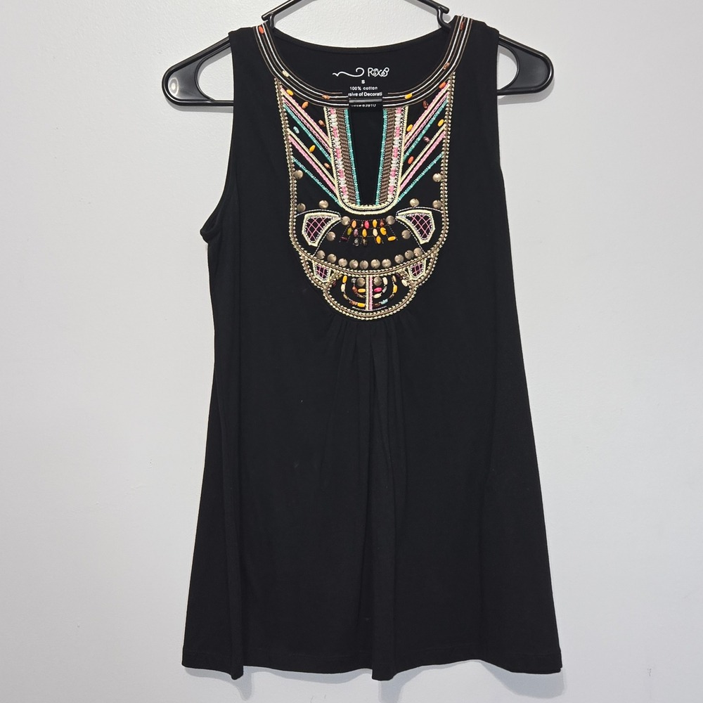 S#14 R&B Black Sleeveless Tank Top Boho Beaded Embellished V-Neck‎ Size S